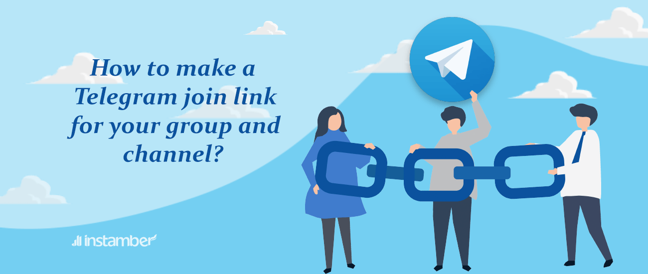 Three people are holding a chain like a Telegram join link of their group and channel