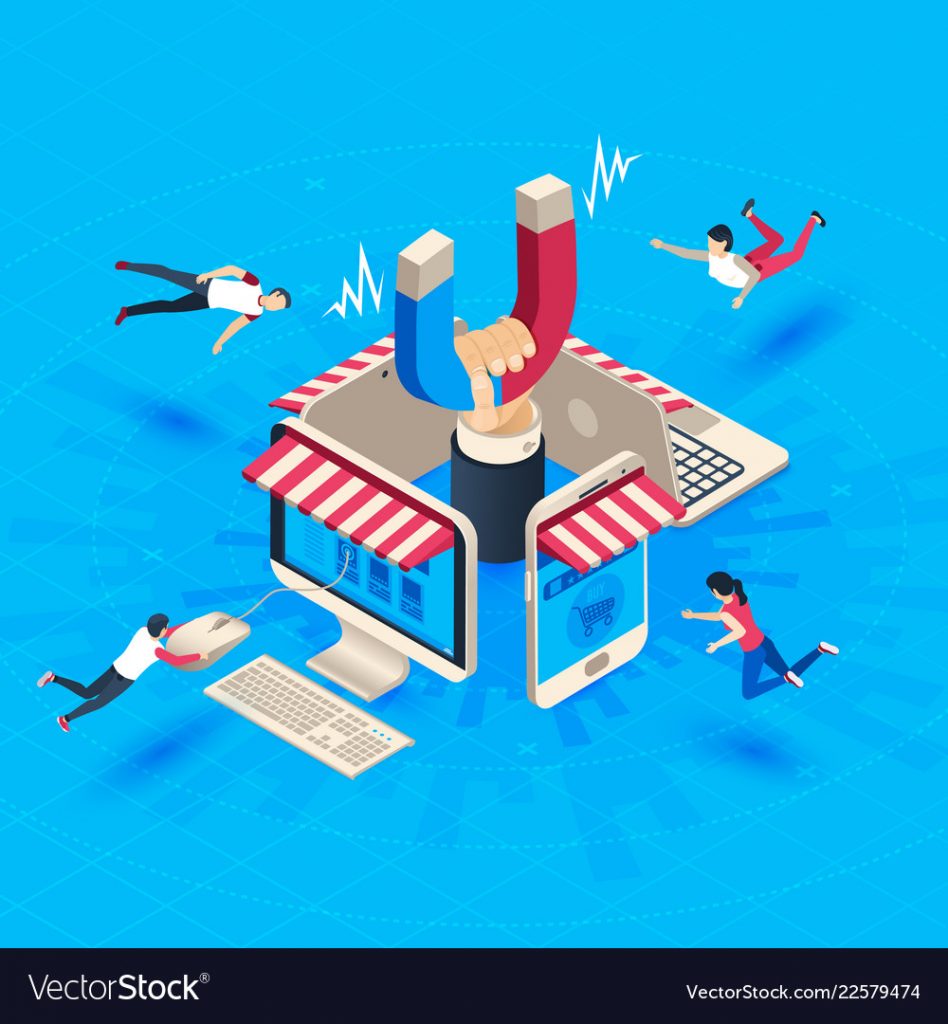 Web store customer attraction. Attract buyers, isometric retain loyal clients and social media business marketing, acquisition loyalty retention customers reputation attractions vector illustration