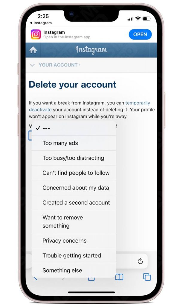 how to delete instagram account 